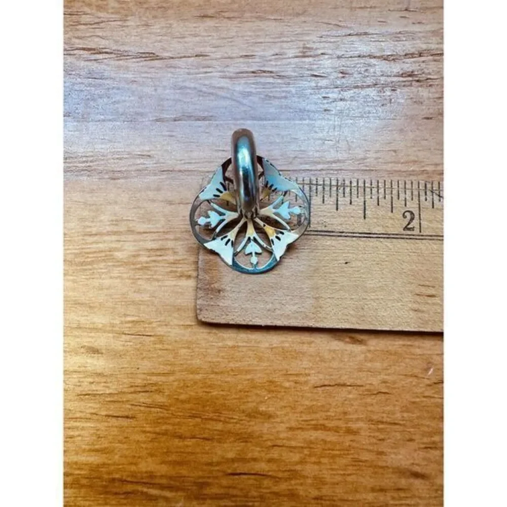 Vintage Sterling Silver Hand Painted‎ Flower Pin Brooch With Screw back Earrings